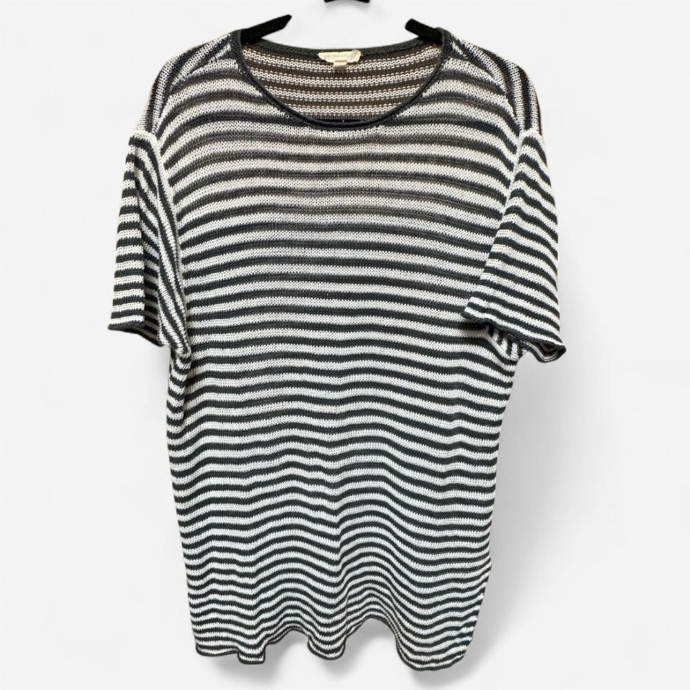 Eileen Fisher Grey and White Striped Organic Linen Knitted Tunic Top